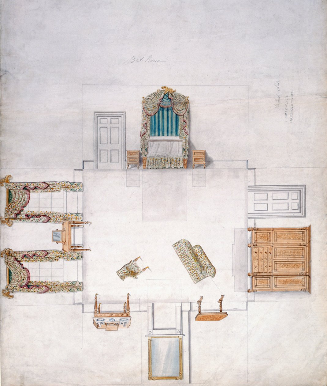 Design for et soverom, av Gillow & Company (wc på papir) av English School