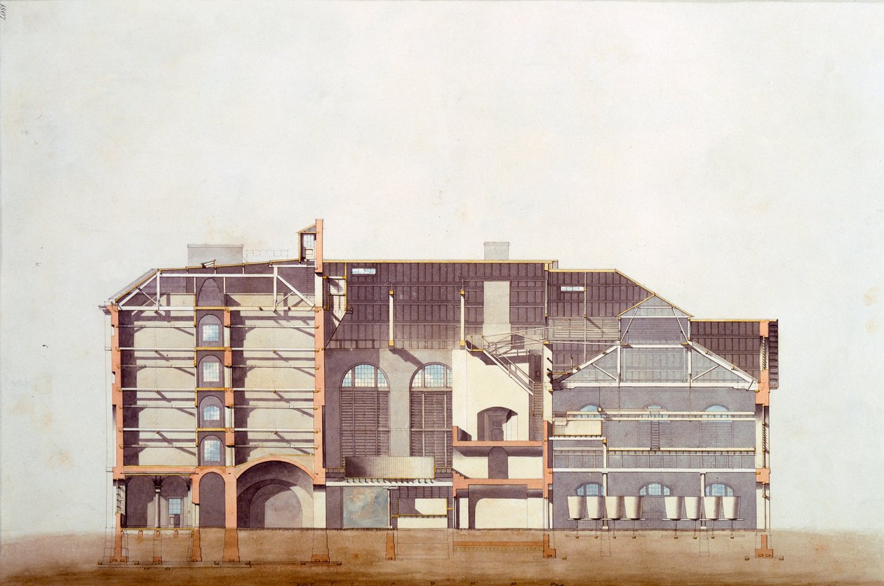 Design for Stag Brewhouse, original manuskripttegning fra kontoret til George Saunders, ca. 1807 (blyant, wc og penn og blekk på papir) av English School