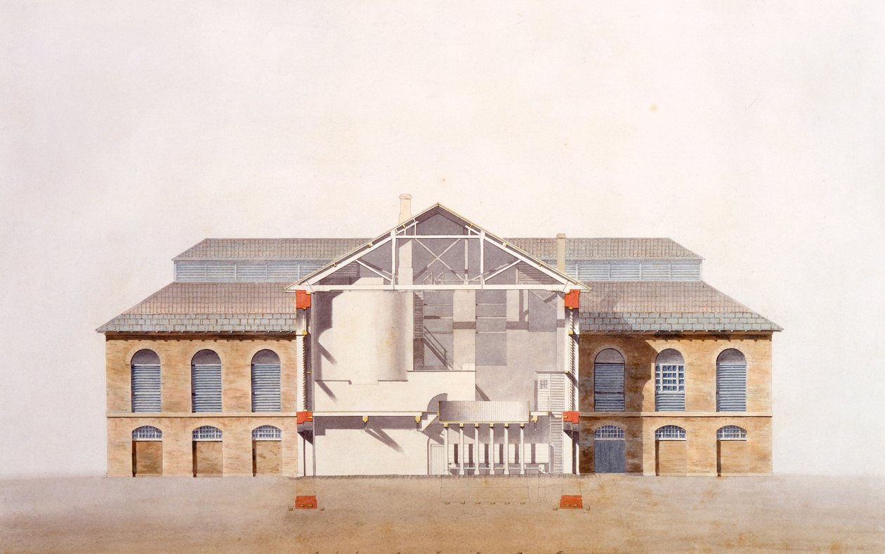 Design for Stag Brewhouse, original manuskripttegning fra kontoret til George Saunders, ca. 1807 (blyant, wc og penn og blekk på papir) av English School