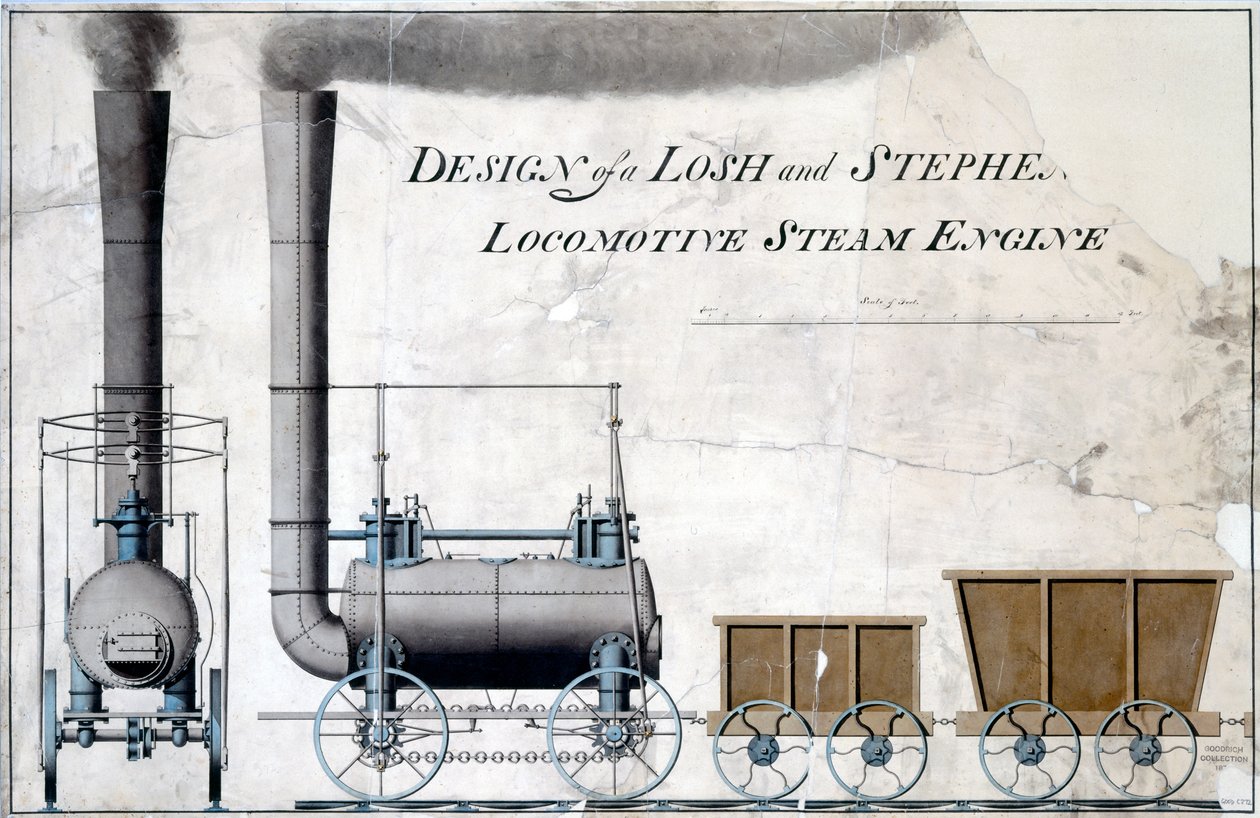 Design av en Losh and Stephenson Locomotive Steam Engine, ca. 1826 (penn og blekk og vask på papir) av English School