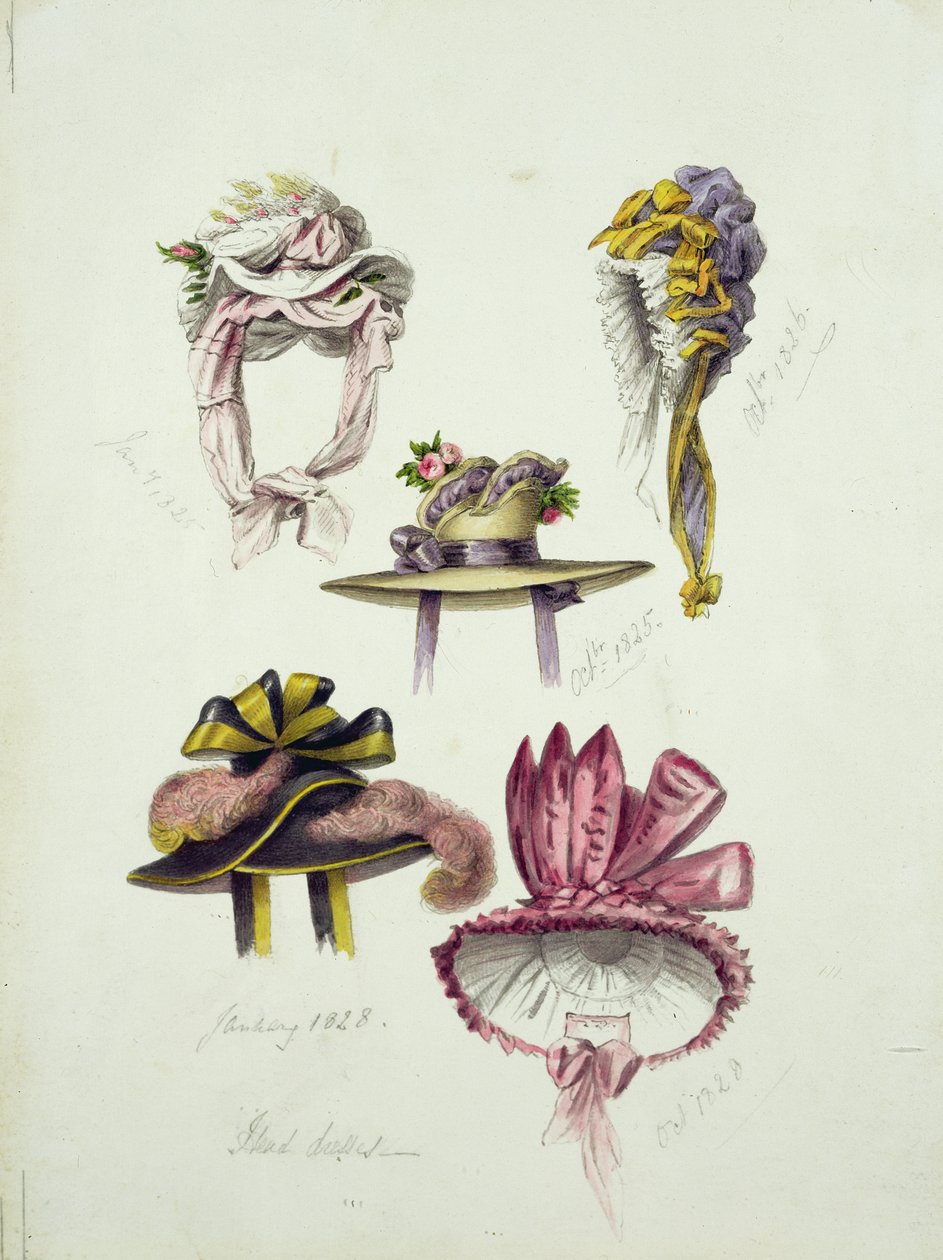Design for Regency Hats, 1828 (wc med blyant på papir) av English School