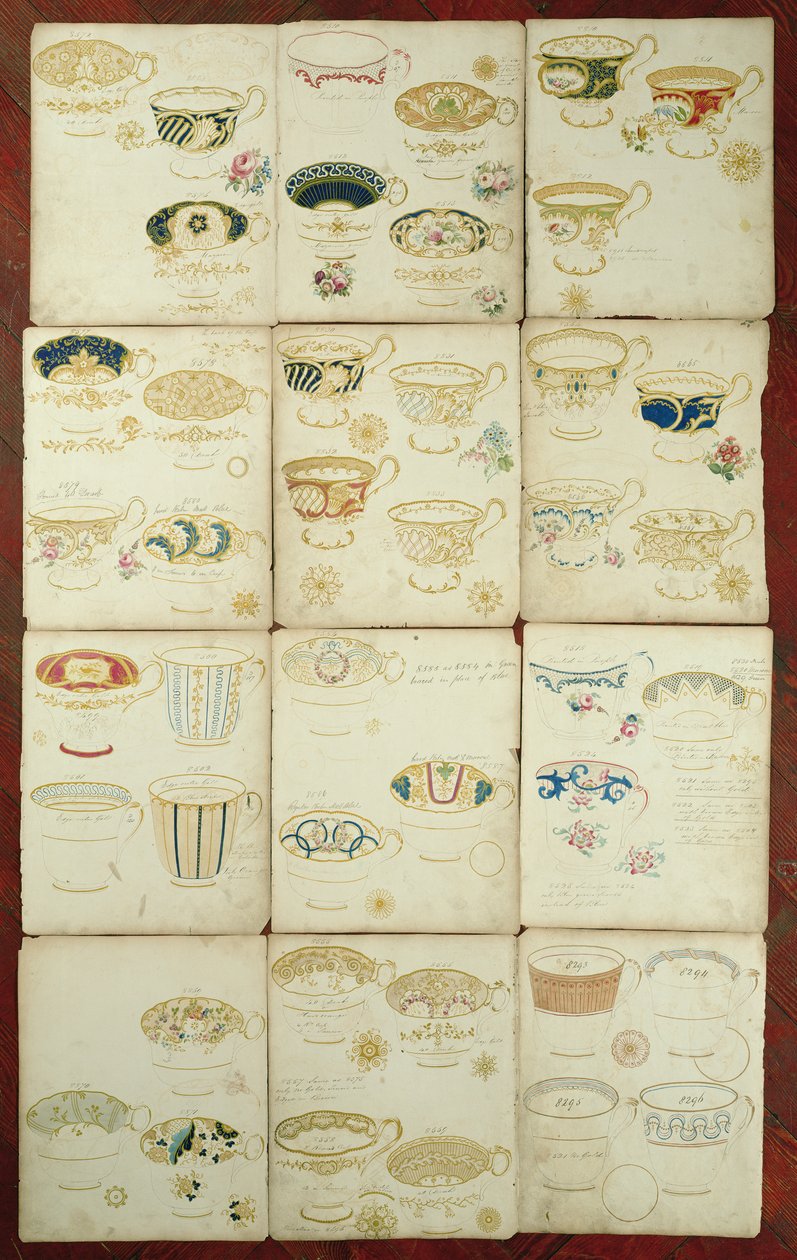 Design for tekopper produsert på Daniel Factory, Staffordshire, ca. 1845 (gouache, wc og blekk på papir) av English School