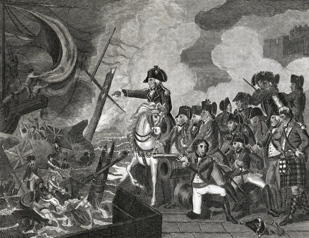 Ødeleggelse av våpenbåtene før Gibraltar, gravert av H.Cook, 1816 av English School