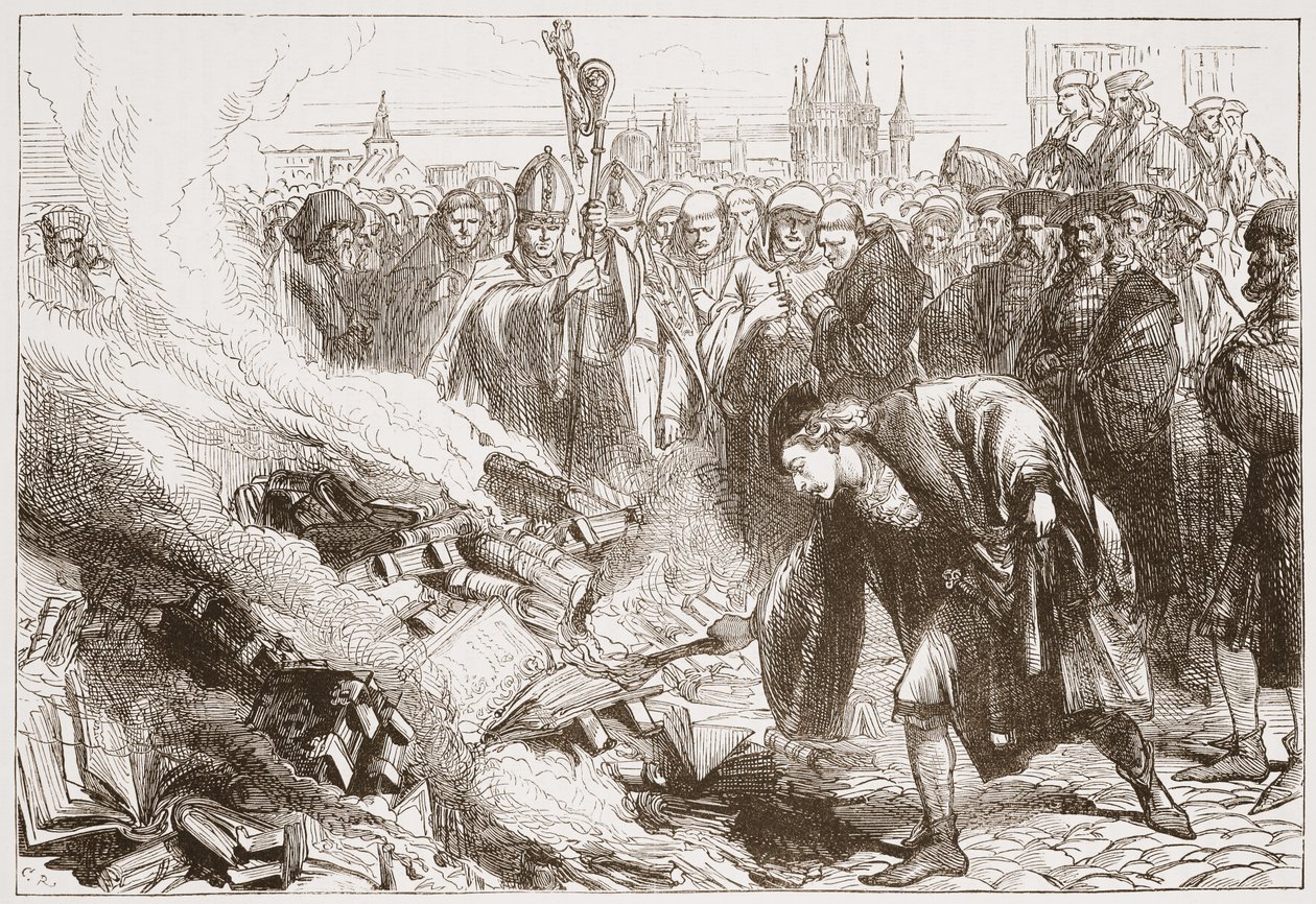 Ødeleggelse av verkene til Wickliffe i Praha, illustrasjon fra The History of Protestantism av James Aitken Wylie (1808-1890), pub. 1878 av English School