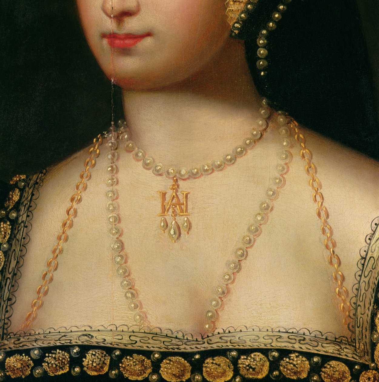 Detalj fra et portrett av Anne Boleyn (1504-36) ca. 1533 (olje på lerret) av English School