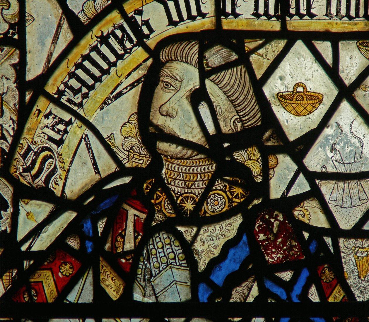 Detalj fra et vindu som viser giveren (farget glass) (detalj av 344929) av English School