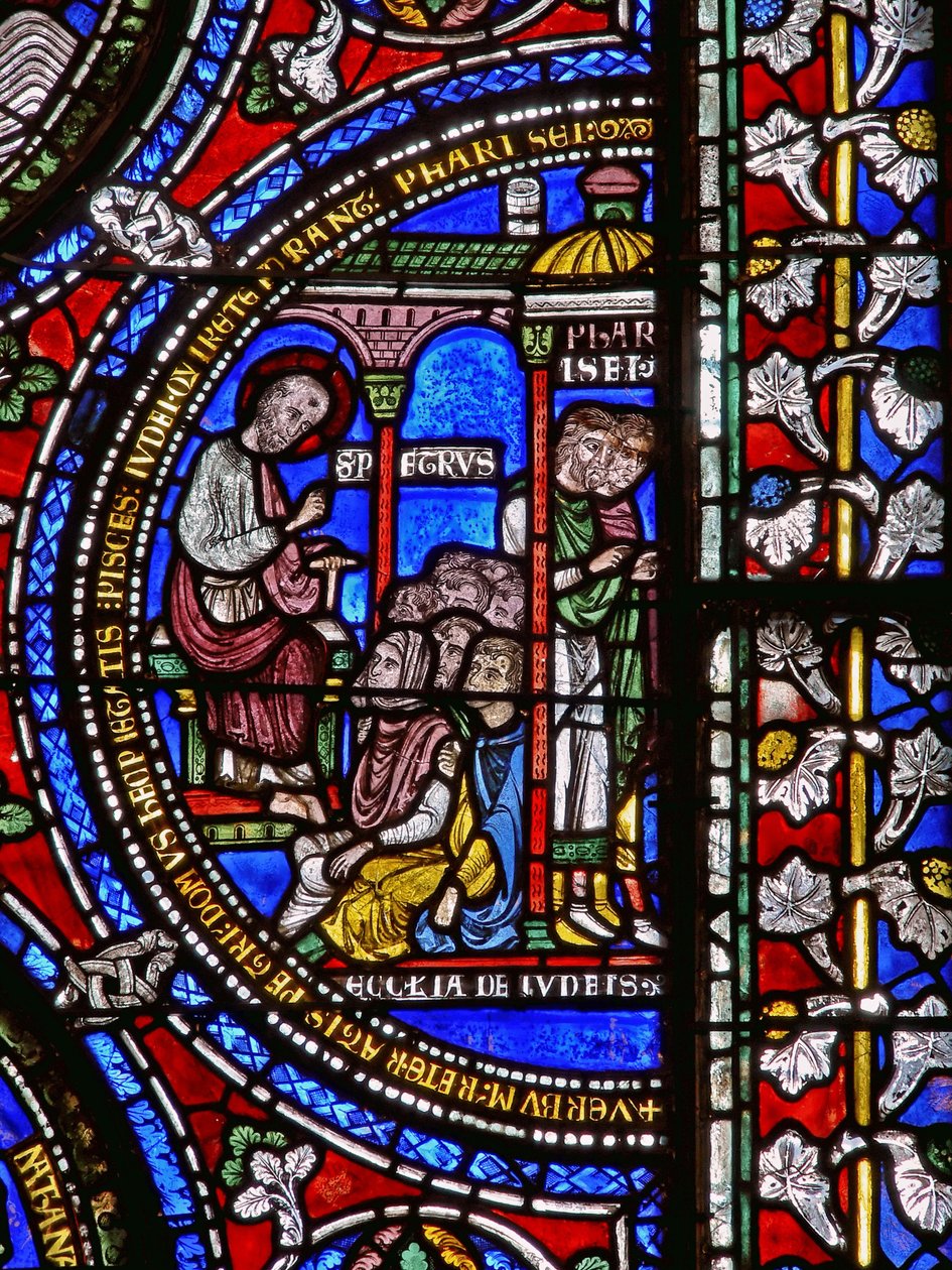Detalj fra en av bibelvinduene som viser St. Peters forkynnelse av English School