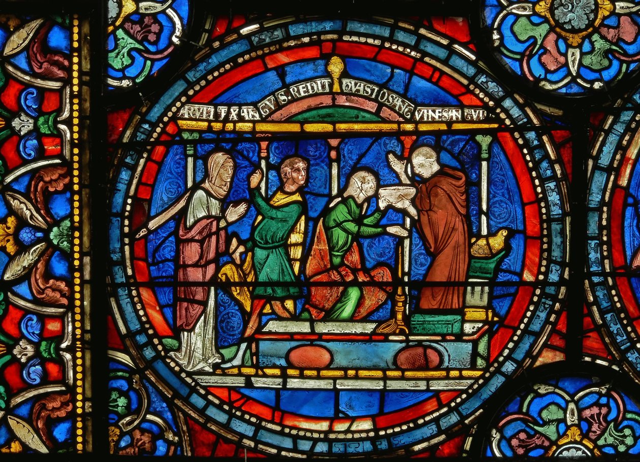 Detalj fra Miracle Window som viser Audrey fra Canterbury som tar helbredende vann av English School