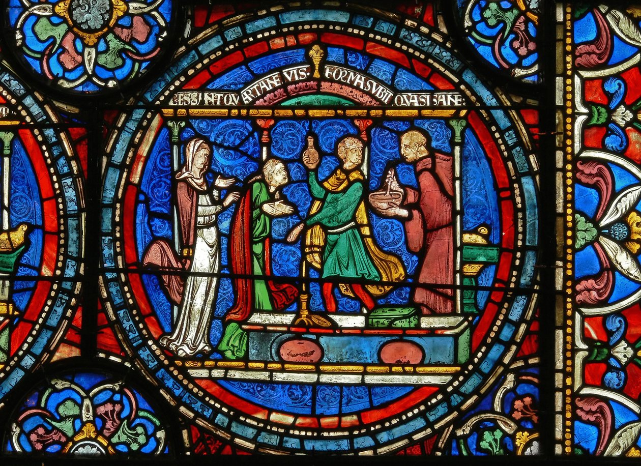 Detalj fra Miracle Window som viser Audrey fra Canterbury som tar helbredende vann av English School