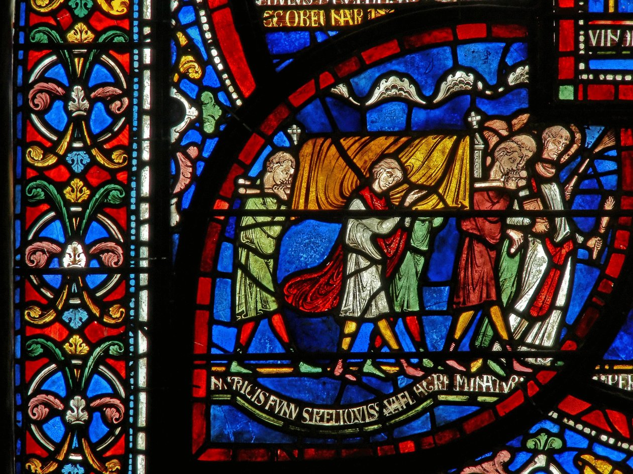 Detalj fra mirakelvinduet som skildrer Jordan Fitzeisulfs historie av English School