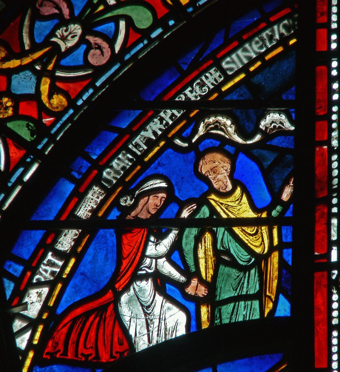 Detalj fra Miracle Window som viser historien om Juliana fra Rochesters (farget klasse) av English School