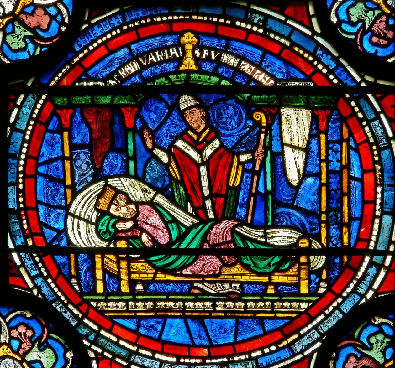 Detalj fra mirakelvinduet som viser at kong Louis VII blir fortalt av Thomas å gå til graven hans av English School