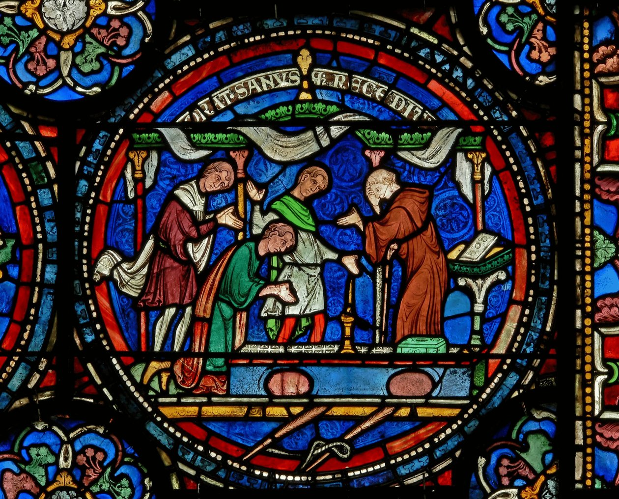 Detalj fra mirakelvinduet som viser Mad Henry fra Fordwich som takker etter kuren hans av English School