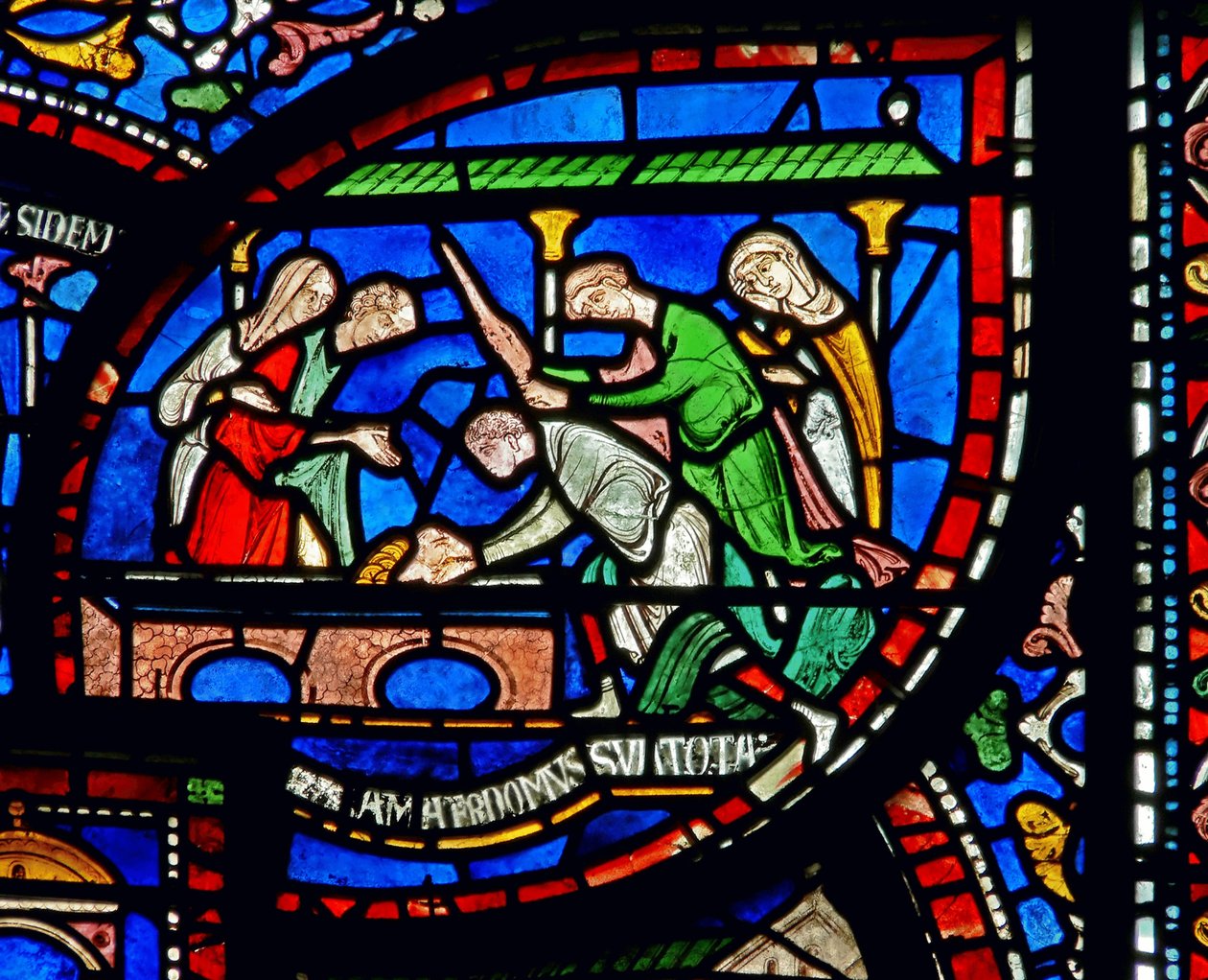 Detalj fra Miracle Window som viser Richard Sunieves historie av English School
