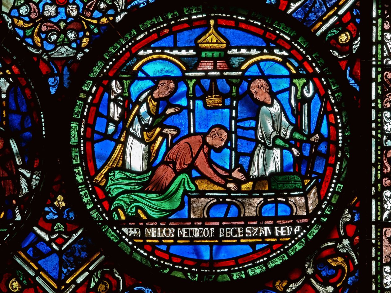 Detalj fra Miracle Window som viser William Kellett og Adam Forrester av English School