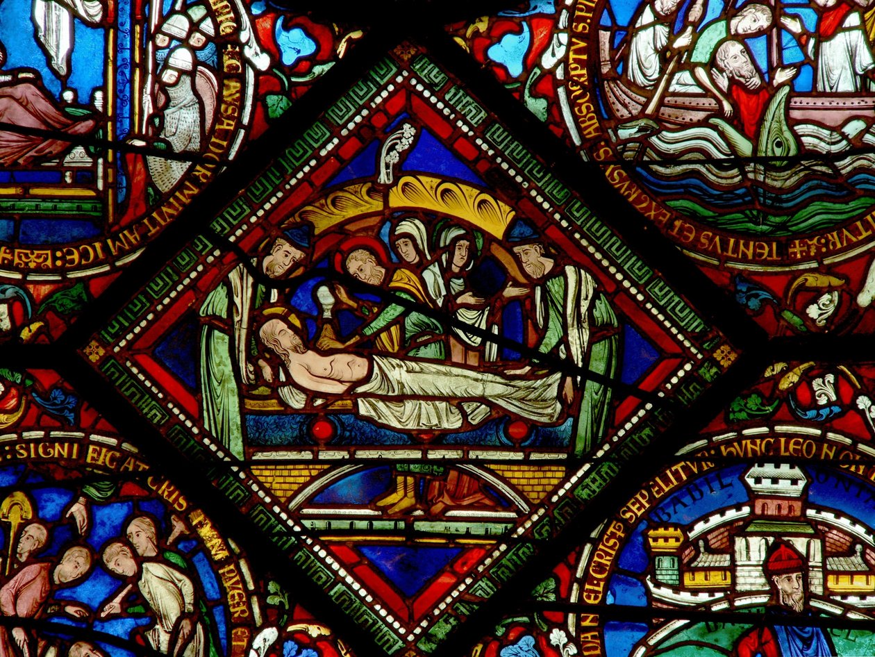 Detalj fra østvinduet til Trinity Chapel som viser gravleggingen av English School