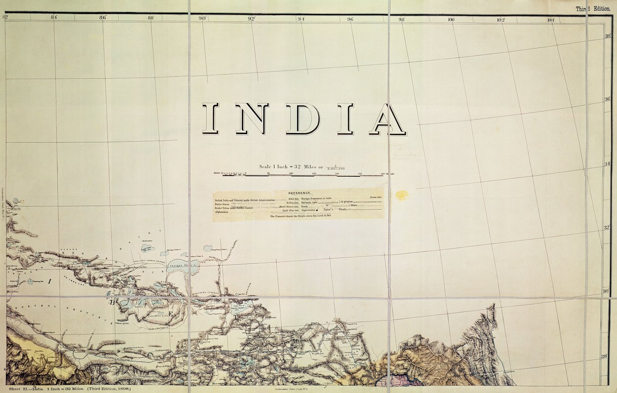 Detalj av et kart over grensen mellom India og Tibet av English School