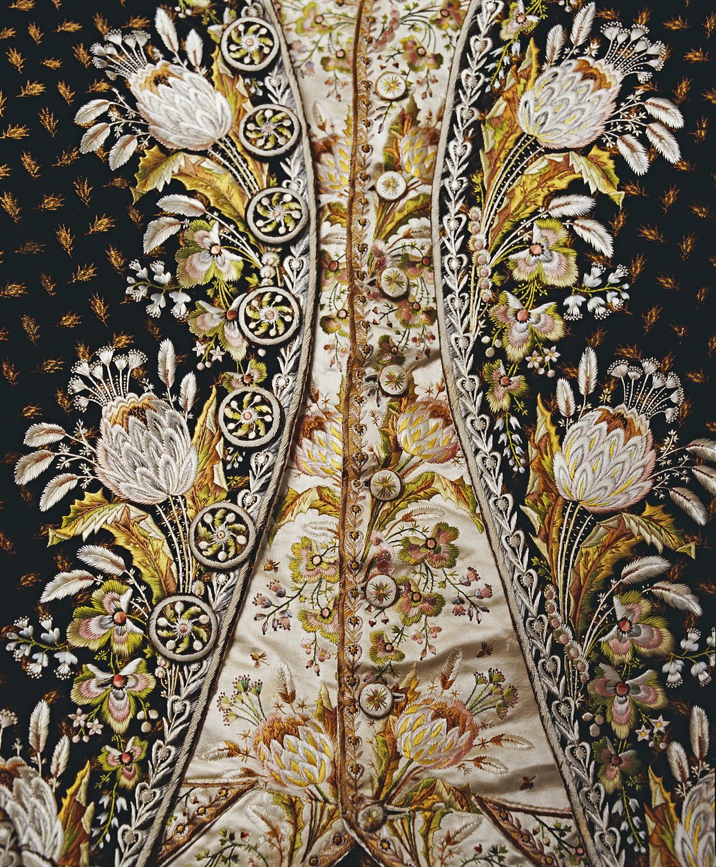 Detalj av en herres heldress, bestående av frakk, vest og knebukser, 1780-90-tallet av English School