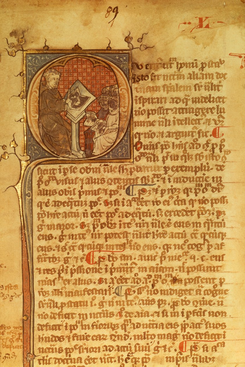 Detalj av et dekorativt brev i et manuskript fra 1300-tallet. Duns Scotus foreleser studentene sine av English School