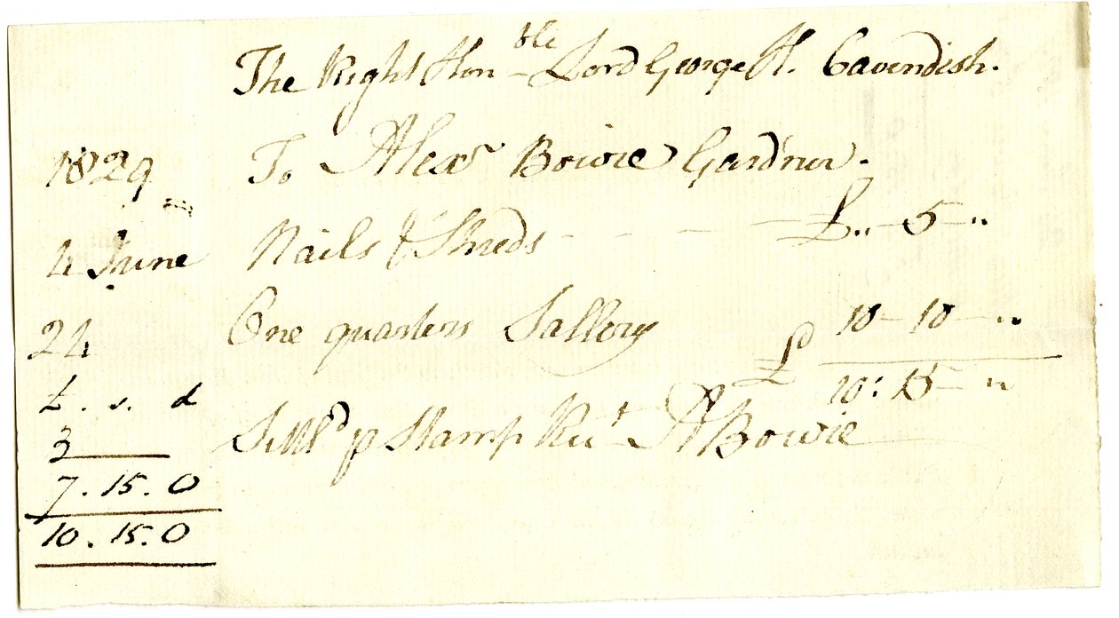Devonshire MSS AS 3101, folio fra en bunt med sedler oppgjort av Pinder Simpson for Lord George Cavendish, inkludert Alexander Bowies regning av English School