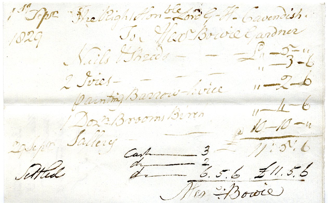 Devonshire MSS AS 3101, folio fra en bunt med sedler oppgjort av Pinder Simpson for Lord George Cavendish, inkludert Alexander Bowies regning av English School