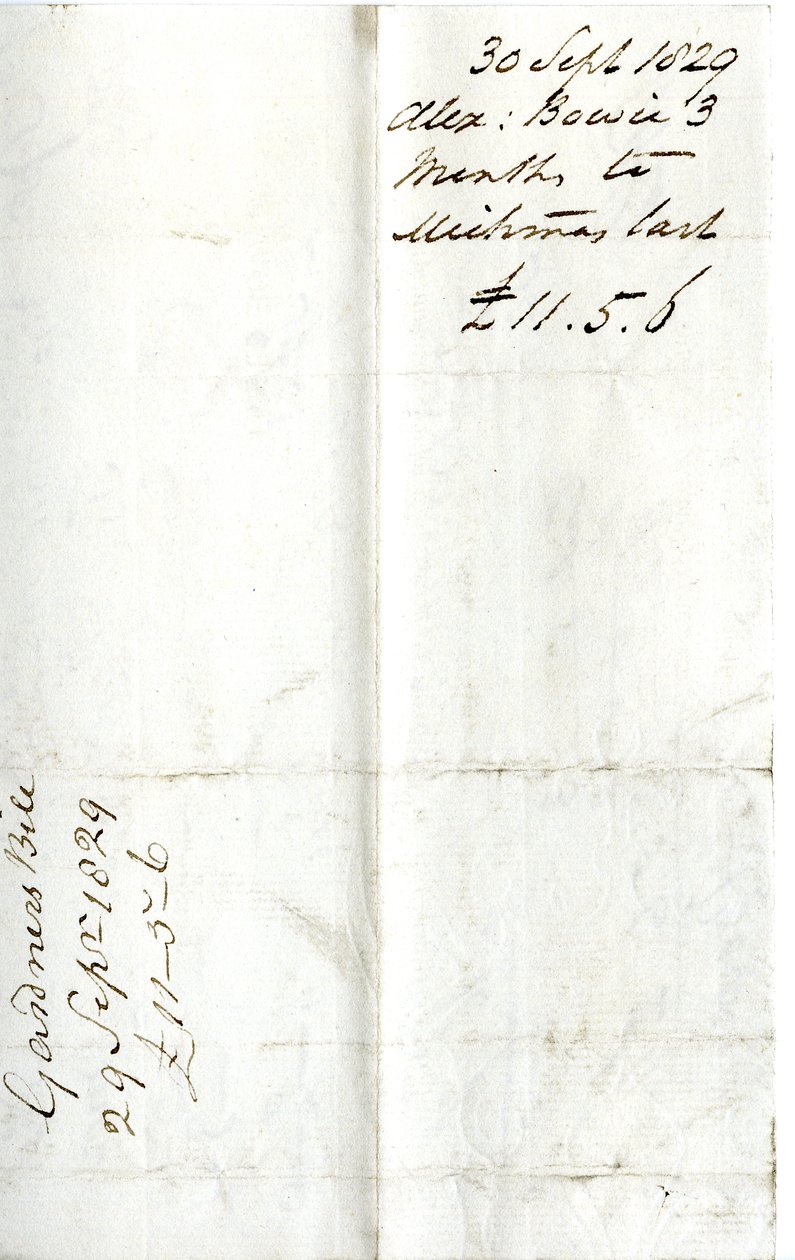 Devonshire MSS AS 3101, folio fra en bunt med sedler oppgjort av Pinder Simpson for Lord George Cavendish, inkludert Alexander Bowies regning av English School