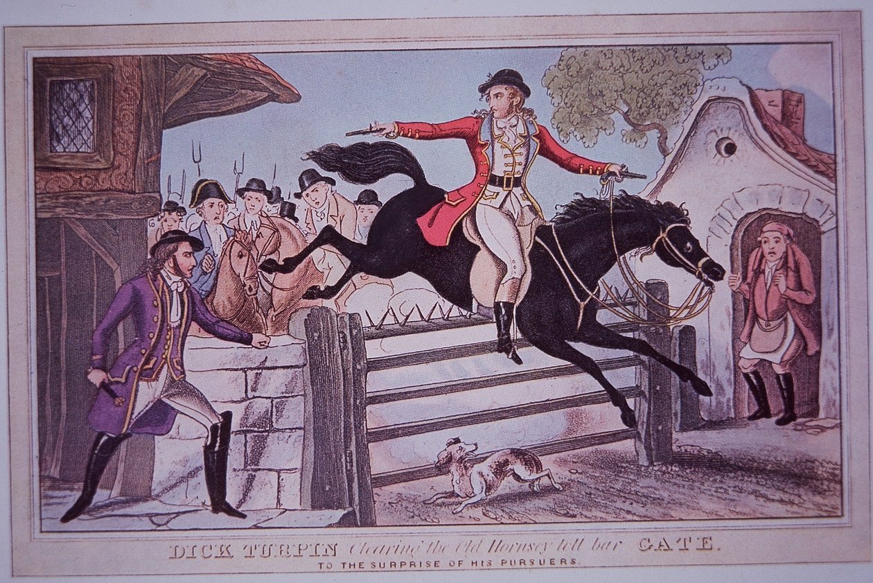 Dick Turpin hopper Hornsey bomstasjon på hesten sin Black Bess (farget gravering) av English School