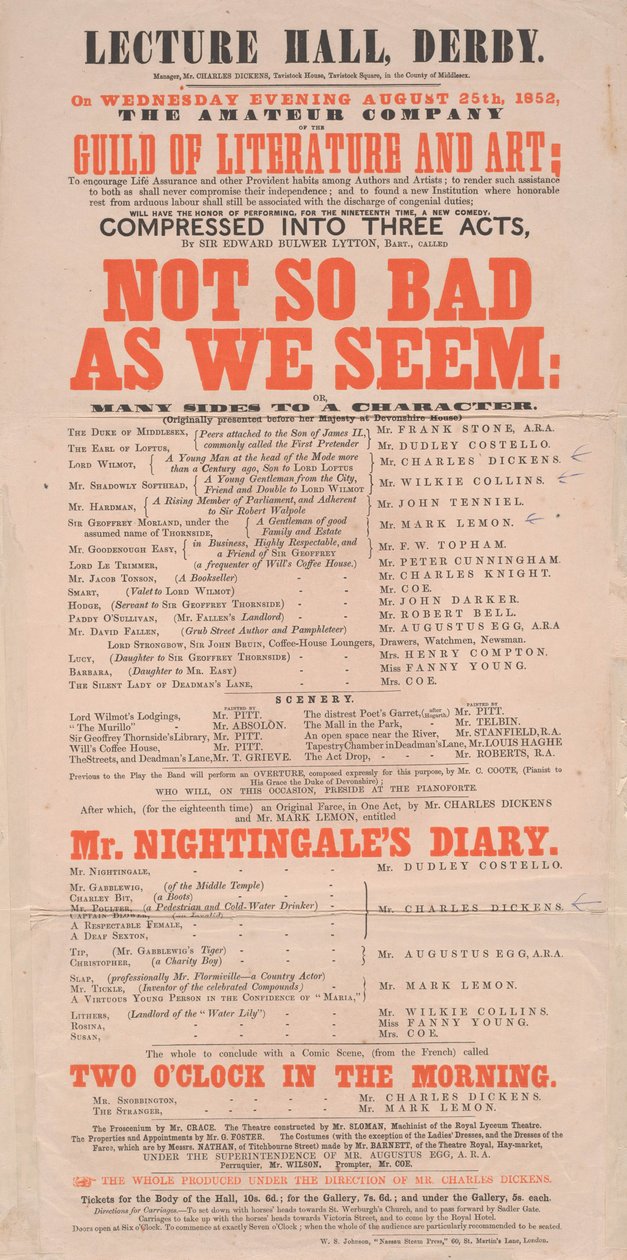 Dickens playbill: Not So Bad As We Seem at Lecture Hall, Derby, program for 25. august 1852 av English School