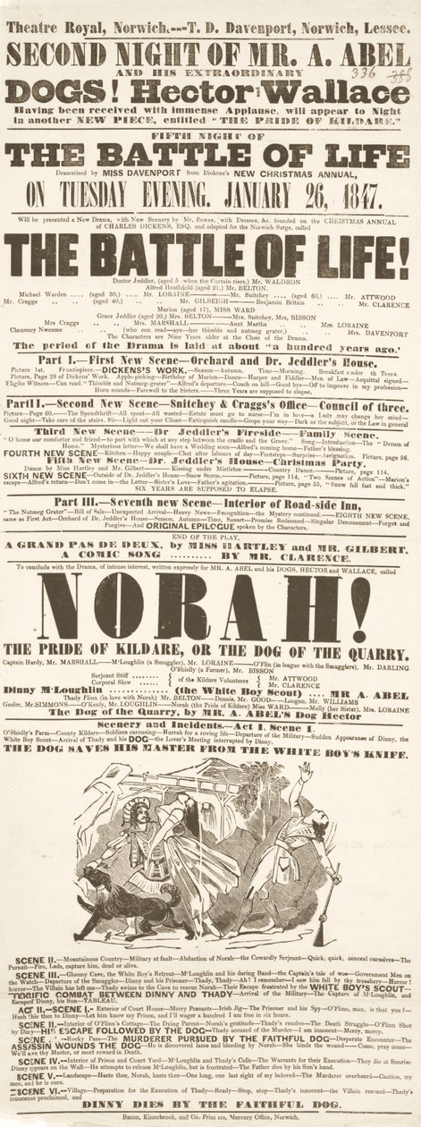 Dickens playbill: The Battle of Life, på Theatre Royal, Norwich, 26. januar 1847 av English School