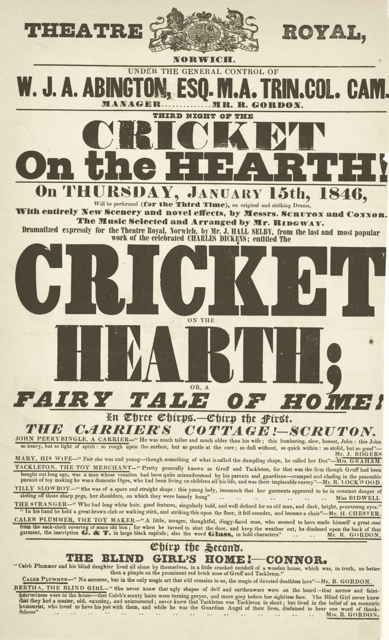 Dickens playbill: The Cricket on the Hearth på Theatre Royal, Derby, 15. januar 1846 av English School