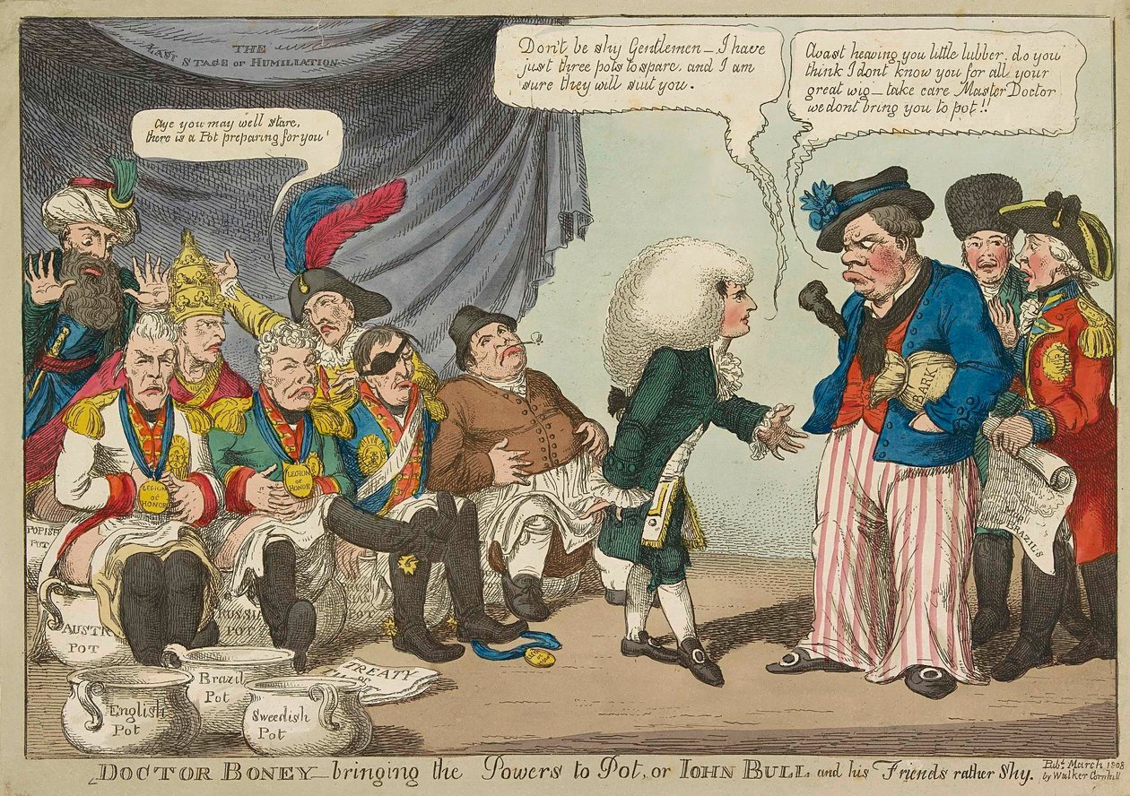 Doctor Boney_bringing the Powers to Pot ..., håndfarget gravering fra 1808. av English School