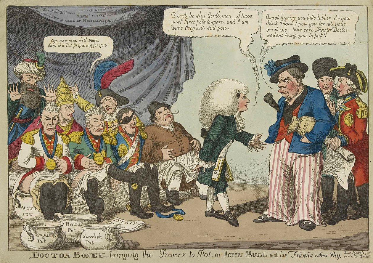 Doctor Boney_bringing the Powers to Pot, eller John Bull og vennene hans ganske sjenerte, pub. 1808 (håndfarget gravering) av English School