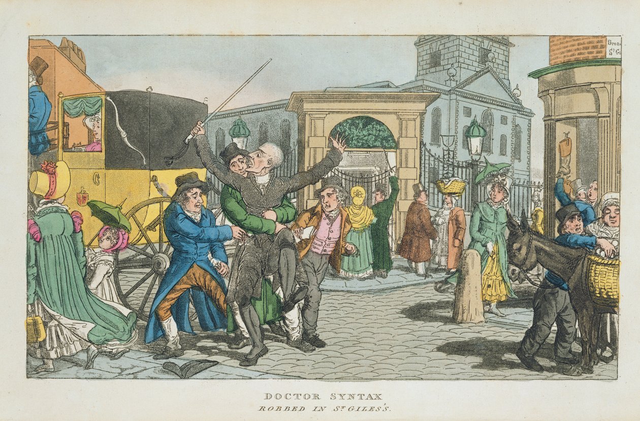 Doctor Syntax ranet i St. Giless, fra The Tour of Doctor Syntax gjennom London, eller The Pleasures and Miseries of the Metropolis. Et dikt, utgitt 1820 (akvatint) av English School