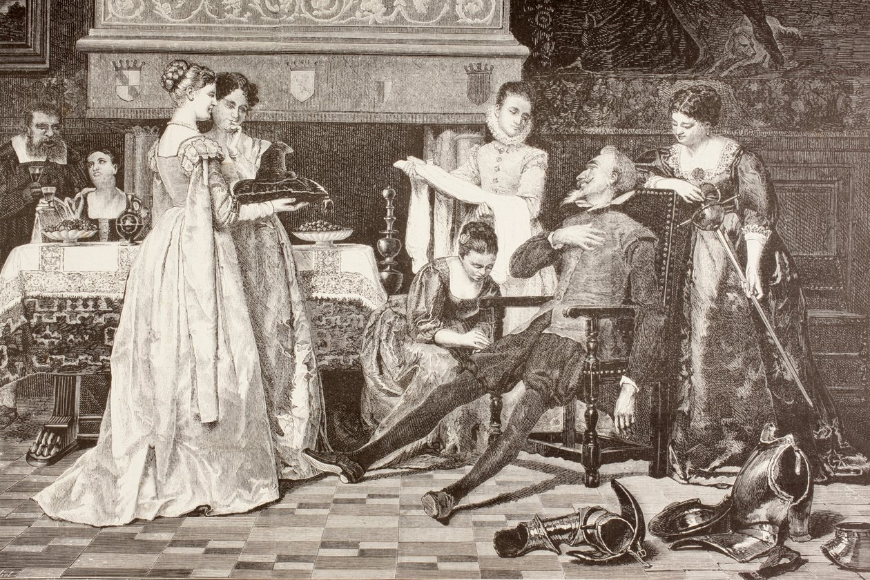 Don Quijote i huset til hertugen og hertuginnen (litho) av English School