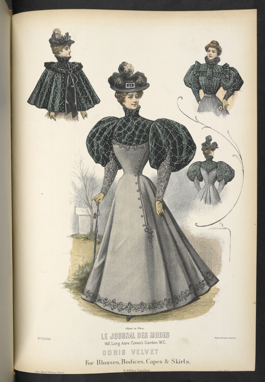 Doris fløyel, For bluser, livstykker, kapper og skjørt,  Tallerken 2250, Doris fløyel for bluser, liv, kapper og skjørt,  The Dressmaker og Milliner,  1895 av English School