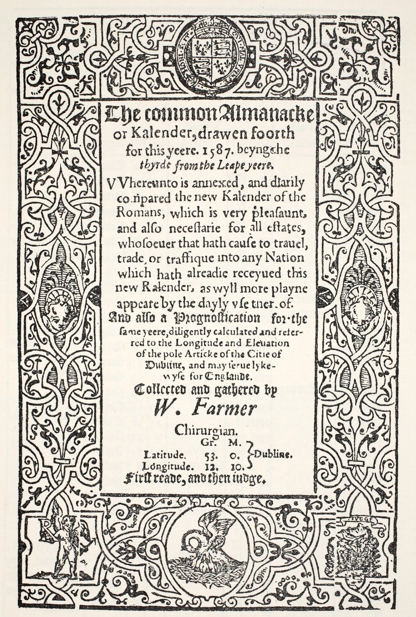 Double Almanack (vanlig og ny) og Prognostication for Dublin for 1587, av W. Farmer, trykt av Watkins og Roberts, 1587 av English School