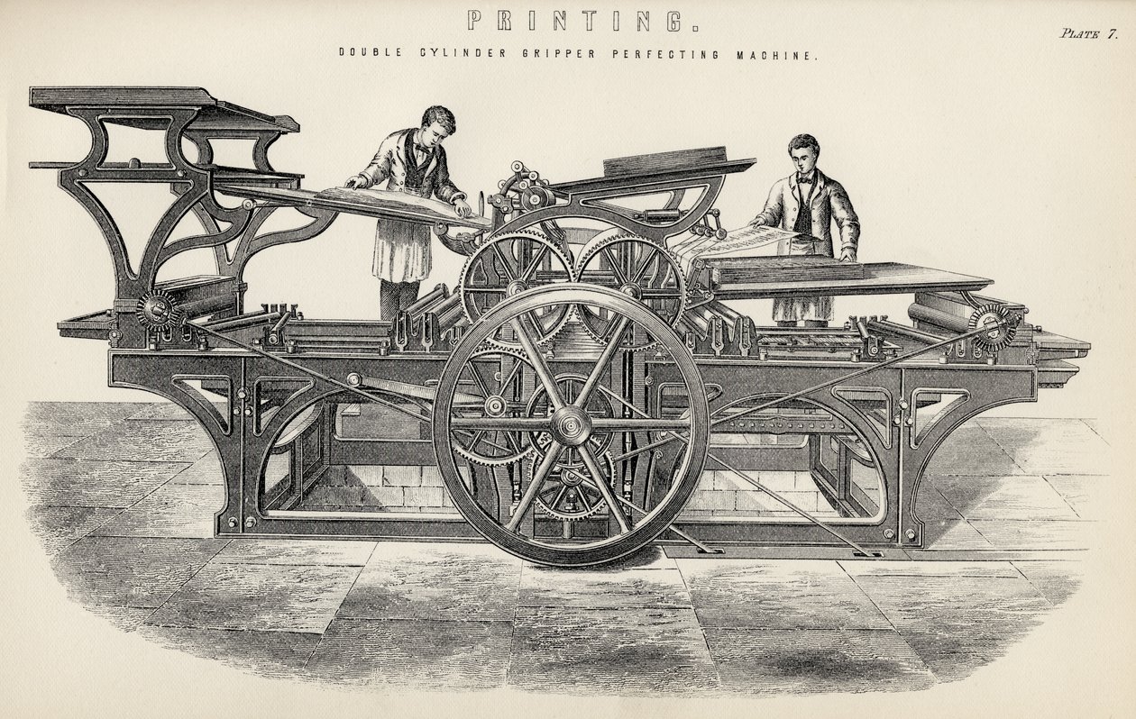 Dobbelsylinder gripperperfeksjonsmaskin, fra The National Encyclopaedia, utgitt av William Mackenzie, London, sent på 1800-tallet av English School