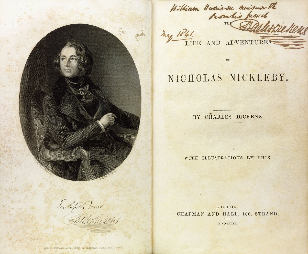 Dobbeltsideoppslag med et portrett av Dickens, og en dedikasjon av Dickens til William Harrison Ainsworth av English School