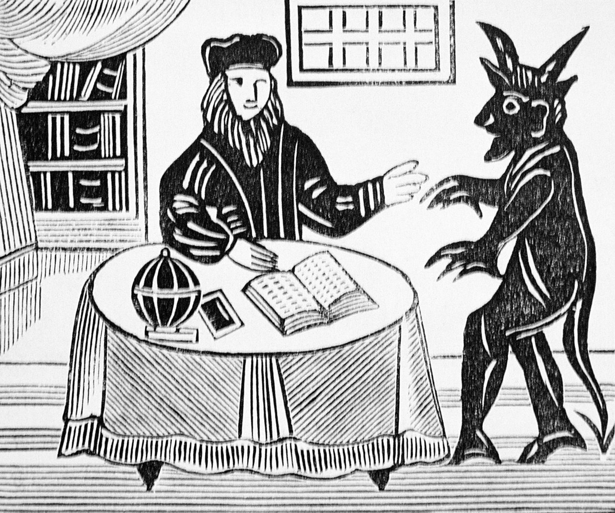 Dr. Faustus in Counsel with the Devil, fra Gents oversettelse av Dr. Faustus av Christopher Marlowe (1564-93) 1648 fra en samling kapittelbøker om esoterica av English School