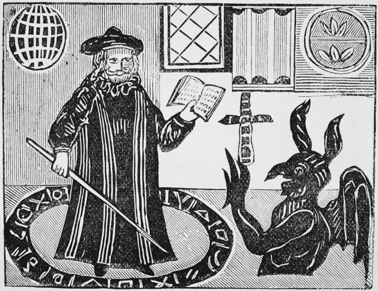 Dr Faustus in a Magic Circle, frontispice av Gents oversettelse av Dr Faustus, utgitt 1648 av English School