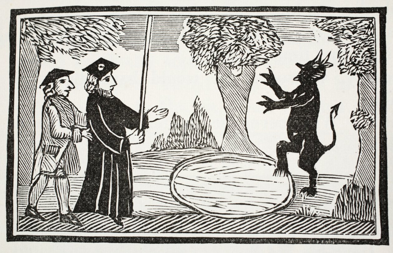Dr. Faustus raiser the Devil, illustrasjon fra Chap-books of the Eighteenth Century av John Ashton, pub. 1882 av English School
