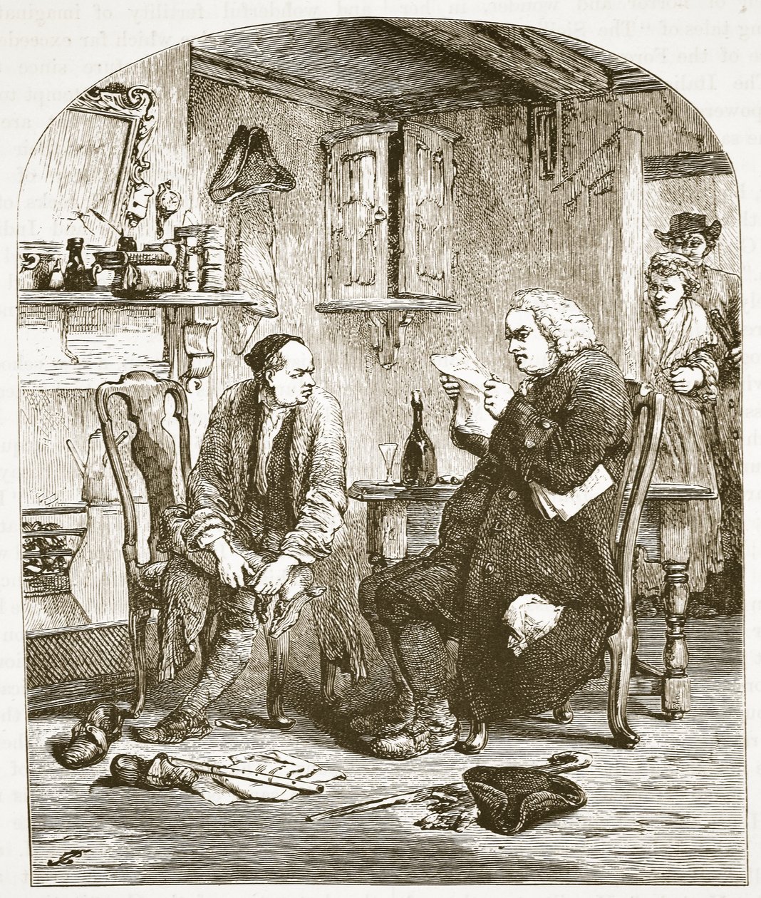 Dr. Johnson leser manuskriptet til Vicar of Wakefield, illustrasjon fra Cassells Illustrated History of England (sepiafoto) av English School