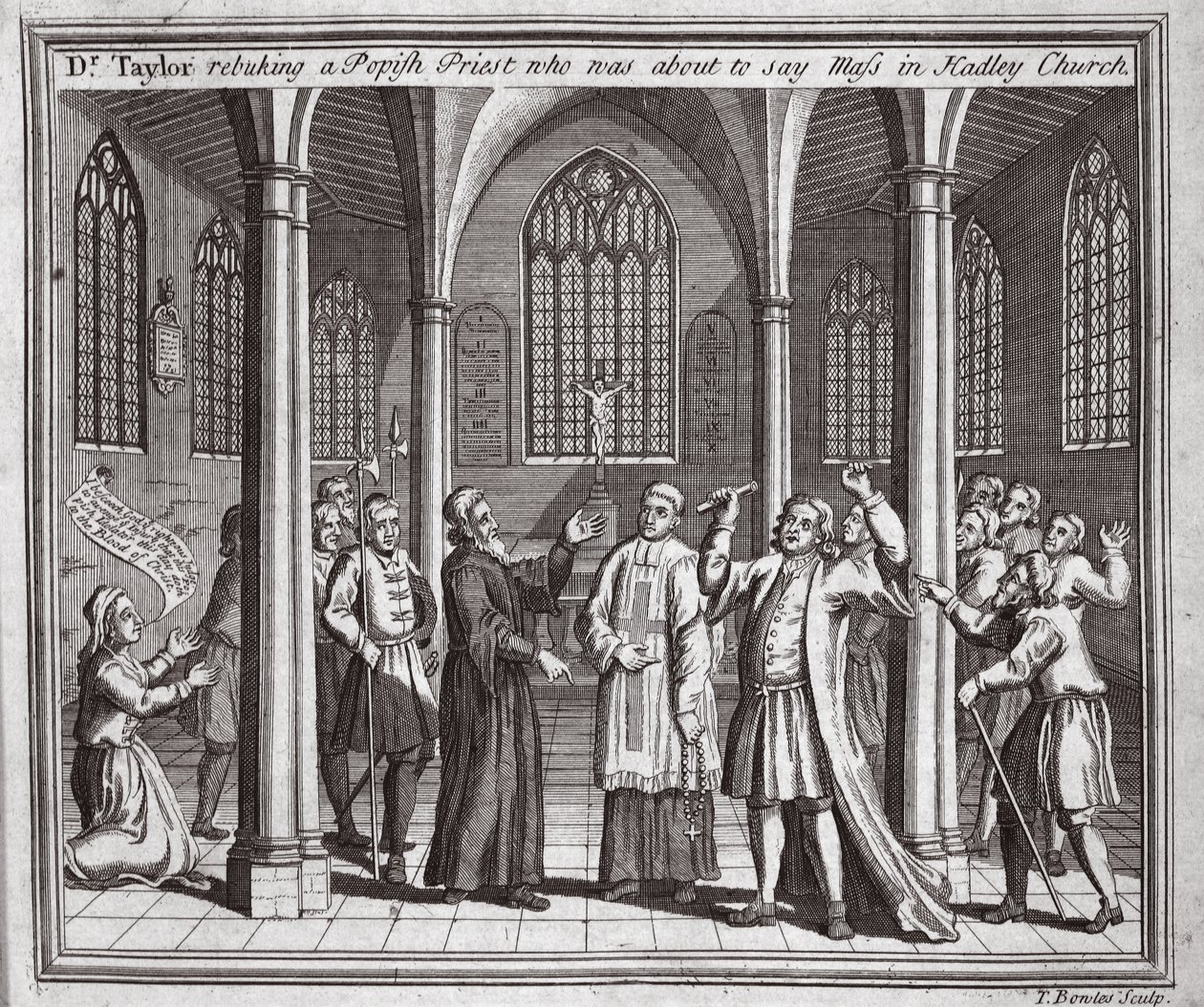 Dr. Taylor irettesetter en popsk prest som var i ferd med å holde messe i Hadley Church, illustrasjon fra Foxes Martyrs ca. 1703 av English School