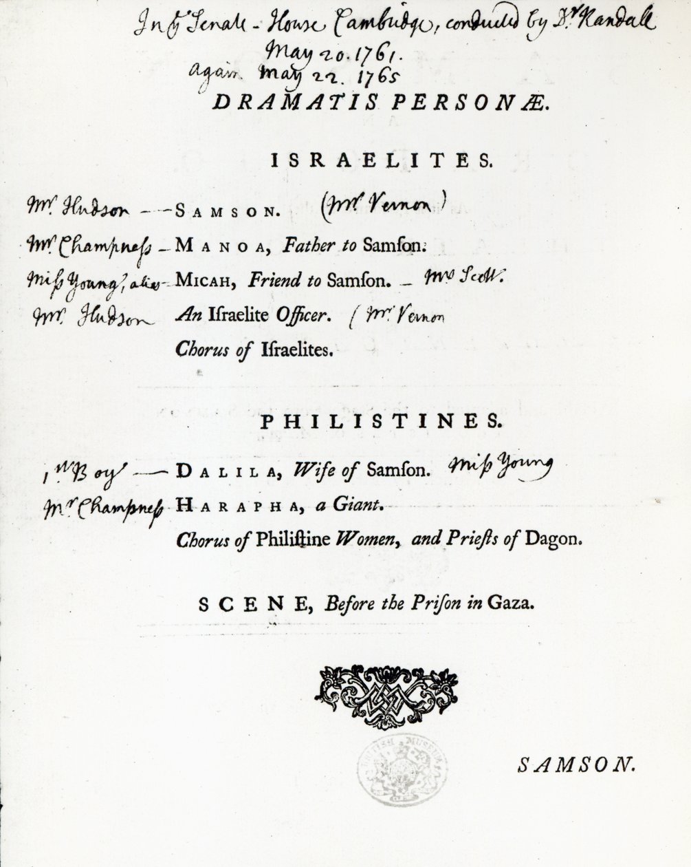 Dramatis Personae for Samson, et oratorium av Handel, utgitt i 1759 av English School