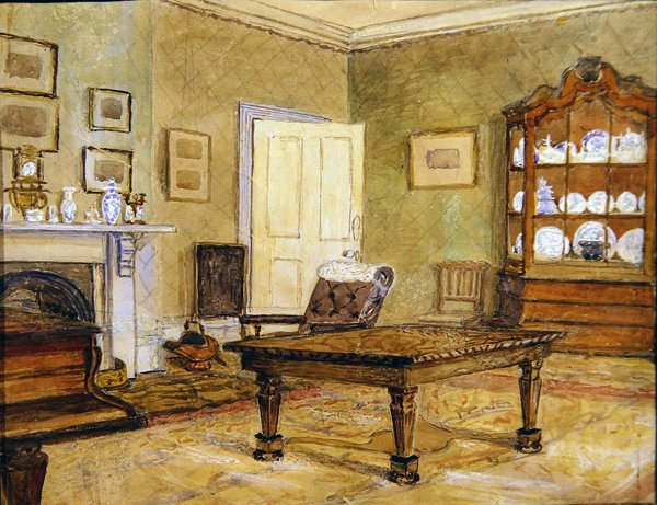 Stueinteriør med porselensamling, ca. 1890 (akvarell på papir) av English School