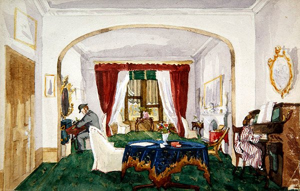 Interiør i salong, kvinne ved piano, mann i skrift med bowlerhatte, ca. 1850 (akvarell på papir) av English School