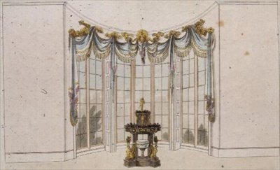 Tegnestuevindusgardin og jardiniere, plate 101 fra Ackermanns Repository of Arts, utgitt fra 1809-28 (farge litho) av English School