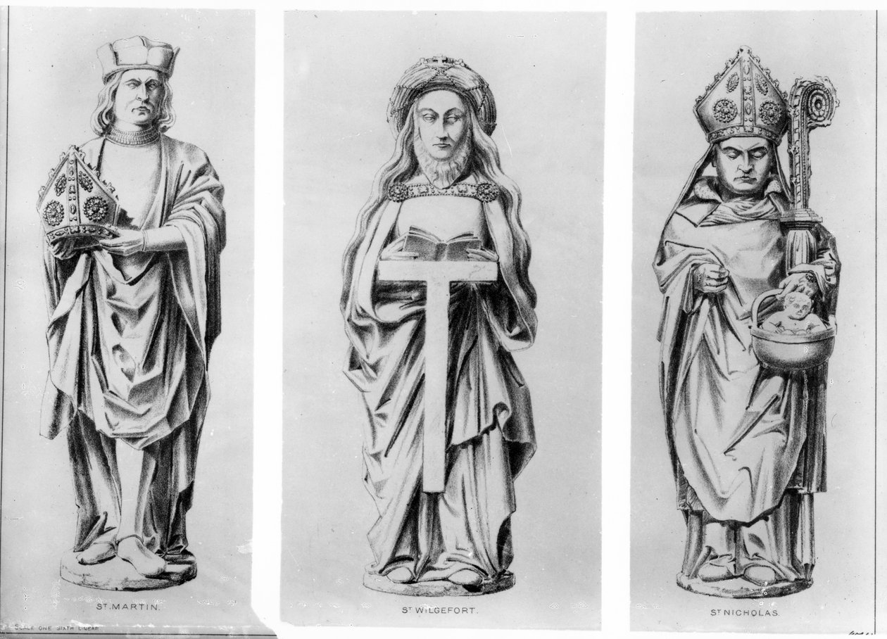 Tegninger av de hellige Martin, Wilgefort og Nicholas fra statuene deres i Henry VII Chapel, Westminster Abbey, av English School