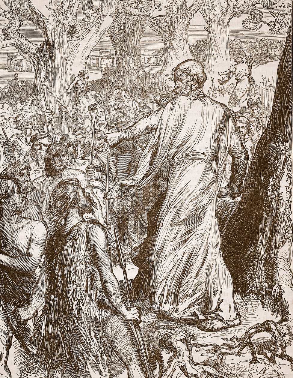 Druider som oppfordrer britene til å motsette seg romernes landgang, illustrasjon fra Cassells Illustrated History of England (sepia-bilde) av English School