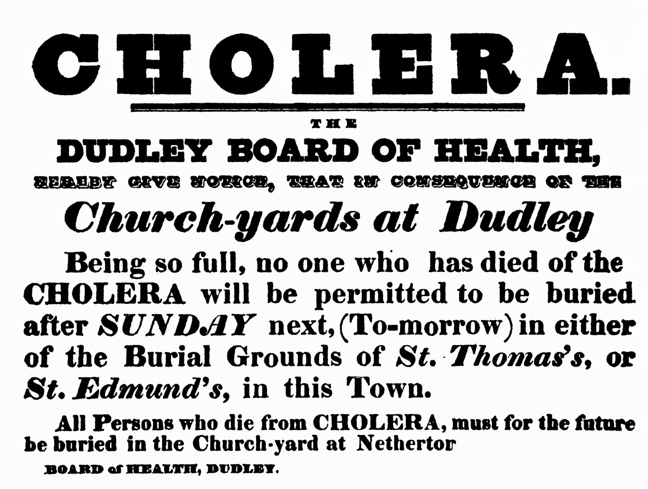Dudley Board of Health-plakat som kunngjør begravelsesprosedyren for mennesker som har dødd av kolera, ca. 1840-tallet av English School
